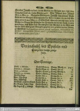 Verzeichnüß der Episteln und Evangelien durchs gantze Jahr