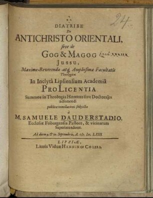 Diatribe De Antichristo Orientali, sive de Gog & Magog