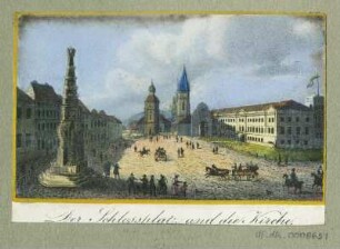 Ansicht vom Schlossplatz mit Kirche und Pestsäule in Teplitz, Radierung, 1840 : Der Schlossplatz und die Kirche, [ca. 1840]. - 1 Kunstblatt : kol. Radierung ; 7,9 x 4,8 cm