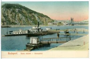 Budapest. Donaubild mit Dampfschiff gegen Blocksberg und Elisabethbrücke