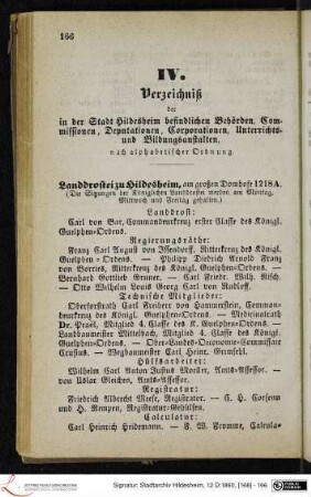 IV. Verzeichniß der in der Stadt Hildesheim befindlichen Behörden, Commissionen, Deputationen, Corporationen, Unterrichts- und Bildungsanstalten, nach alphabetischer Ordnung.