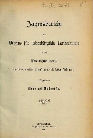 Jahresbericht des Vereins für Siebenbürgische Landeskunde, Hermannstadt, 1890/91