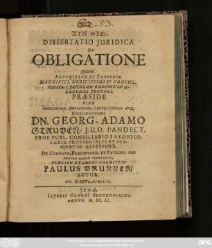 Dissertatio Iuridica. De Obligatione