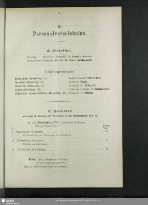 B. Docenten mit Angabe des Kataloges der Vorlesungen für das Wintersemester 1873/74