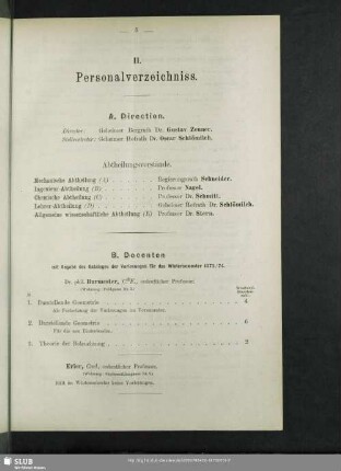B. Docenten mit Angabe des Kataloges der Vorlesungen für das Wintersemester 1873/74