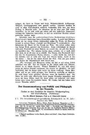 Der Zusammenhang von Politik und Pädagogik in der Neuzeit : Umrisse zu einer Geschichte der deutschen Schulgesetzgebung und Schulverfassung ; (Fortsetzung)