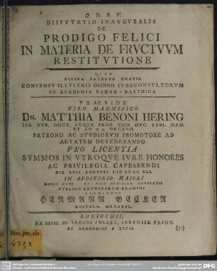 Disputatio Inauguralis De Prodigo Felici In Materia De Fructuum Restitutione