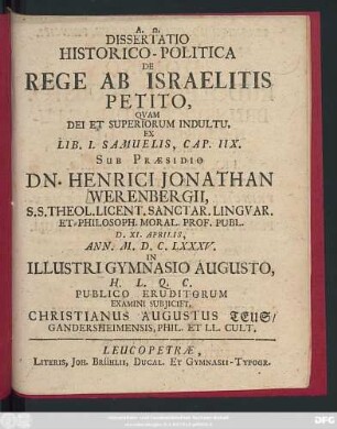 Dissertatio Historico-Politica De Rege Ab Israelitis Petito