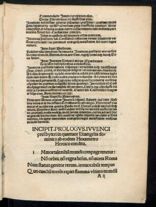 Incipit. Prologus. Iuvenci presbyteri in quattuor Evangelia dominica ab eodem Hexametro Heroico condita.