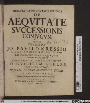 Dissertatio Inavgvralis Jvridica De Aeqvitate Svccessionis Conjvgvm