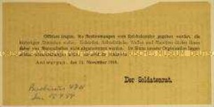 Bekanntmachung des Soldatenrates im deutsch besetzten Antwerpen betr. Abzeichen der Offiziere
