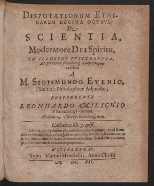 Disputationum Ethicarum Decima Octava. De Scientia