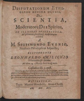 Disputationum Ethicarum Decima Octava. De Scientia