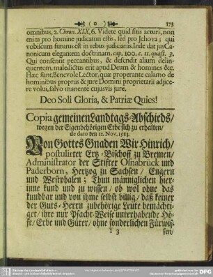 Copia gemeinen Landtags-Abschieds, wegen der Eigenbehörigen Erbe sich zu erhalten, de dato den 12. Nov. 1583