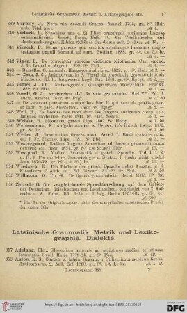 Lateinische Grammatik, Metrik und Lexikographie. Dialekte (Nr.357-736)