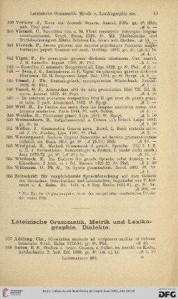 Lateinische Grammatik, Metrik und Lexikographie. Dialekte (Nr.357-736)