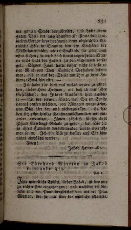 Sir Eberhard Moreton an Jakob Lamounde Esq. - Havelby Thurl, Esq. an Herrn Jakob Lamounde.