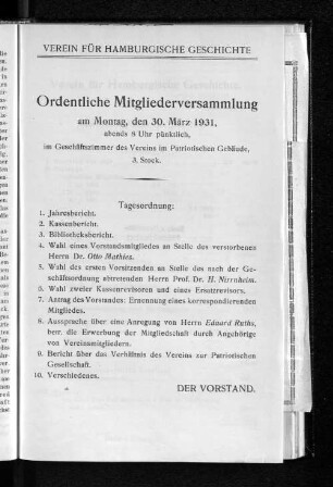 Ordentliche Mitgliederversammlung am Montag, den 30. März 1931