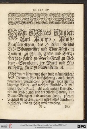 Von Gottes Gnaden Carl Philipp, Pfaltz=Graf bey Rhein [...]