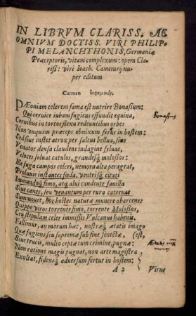 In Librum Clariss. Ac Omnium Doctiss. Viri Philippi Melanchthonis, Germaniae Praeceptoris, vitam complexum: opera Clariß: viri loach. Camerarii nuper editum Carmen ...