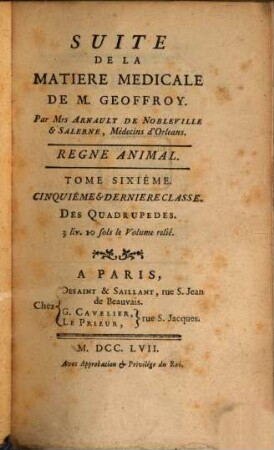 Histoire Naturelle Des Animaux, Tome Sixiéme. Regne Animal
