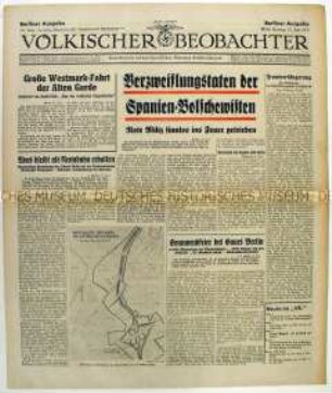 Tageszeitung "Völkischer Beobachter" u.a. zum Spanischen Bürgerkrieg und zum Anschluss der Berliner Avus an die Reichsautobahn