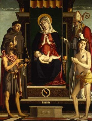 Thronende Maria mit dem Kind und dem Heiligen Johannes dem Täufer, Franziskus von Assisi, Sebastian und Nicolaus von Bari