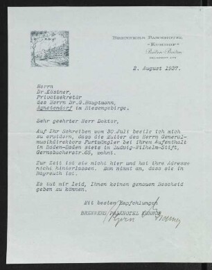 Brief von Brenners Parkhotel "Kurhof"  an Erhart Kästner