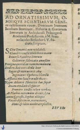 Ad Dominum Ioannem Iacobum Beurerum.
