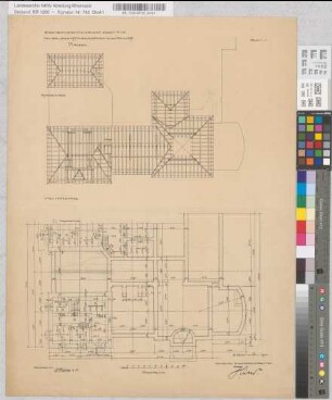 Neubau des Empfangsgebäudes auf dem Bahnhofe Rauxel, Blatt 1: Grundriß Kellergeschoß, Sparrenlage, M. 1:100