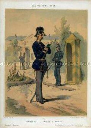 Uniformdarstellung, Stabsarzt des Sanitäts-Korps, Österreich, 1848/1854. Tafel 149 aus: Gerasch: Das Oesterreichische Heer.