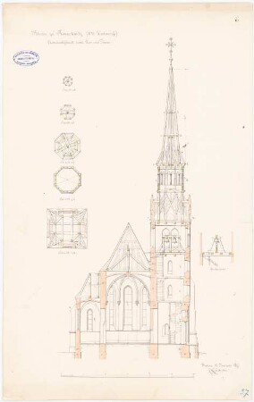 Kirche, Romolkwitz Ausbau: Querschnitt durch Chor und Turm, Turmgrundrisse (Balkenlage), Querschnitt Glockenstuhl; Maßstabsleiste