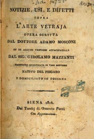 Notizie, usi, e difetti sopra l'arte vetraja