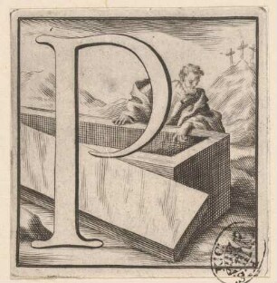 Initiale P (Der heilige Petrus am leeren Grab Jesu)