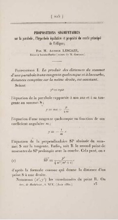 Propositions segmentaires sur la parabole, l'hyperbole équilatère et propriété du cercle principal de l'ellipse.