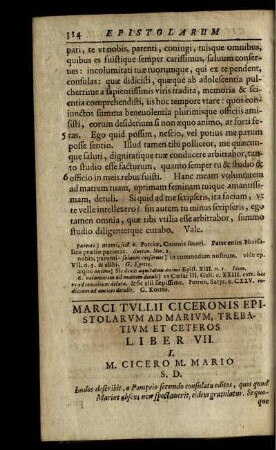 Marci Tullii Ciceronis Epistolarum Ad Marium, Trebatium Et Ceteros. Liber VII.