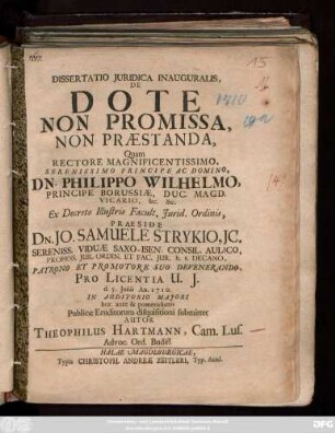Dissertatio Juridica Inauguralis : De Dote Non Promissa, Non Præstanda