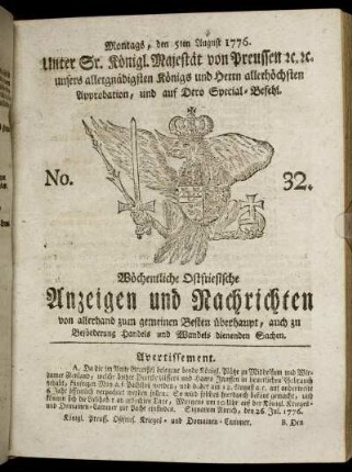 No. 32. Montags, den 5ten August 1776.