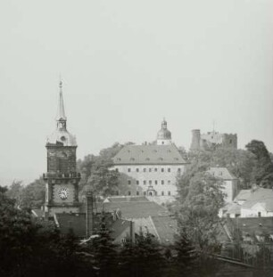 Frauenstein, Ansicht mit Stadtkirche, Schloss und Burgruine