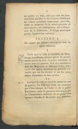 Section I. Du rapport des Officiers municipaux avec les Agens militaires