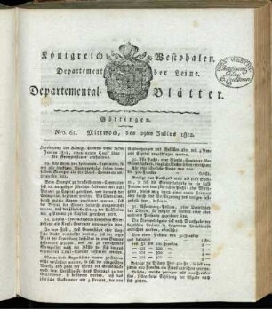 Nro. 61. Mittwoch, den 29ten Julius 1812 [-] Nro. 70. Sonnabend, den 29ten August 1812