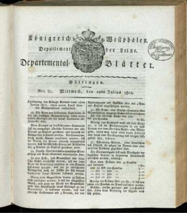 Nro. 61. Mittwoch, den 29ten Julius 1812 [-] Nro. 70. Sonnabend, den 29ten August 1812