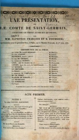 Une présentation, ou le comte de Saint-Germain : comédie en 3 actes et en prose