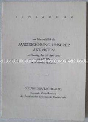 Einladungskarte des ZK der SED zu einer Feier zur Auszeichnung von Aktivisten