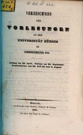 Verzeichnis der Vorlesungen, Behörden, Dozenten und Institute. 1844. SS