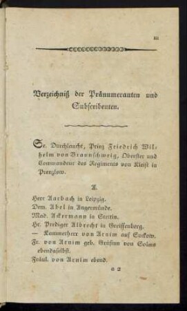 Verzeichniß der Pränumeranten und Subscribenten.