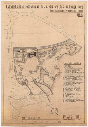 Garten Petschek, Prag: Lageplan mit Erläuterungen 1:1000