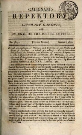 Galignani's repertory or literary gazette and journal of the belles lettres. 8. 1820