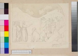 Auferweckung des Lazarus nach dem Fresko der Giotto Werkstatt in der Unterkirche von San Francesco in Assisi und klenie Kopfskizze auf unterem Rand
