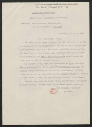 Brief an Frieda Kwast-Hodapp, 22.04.1922